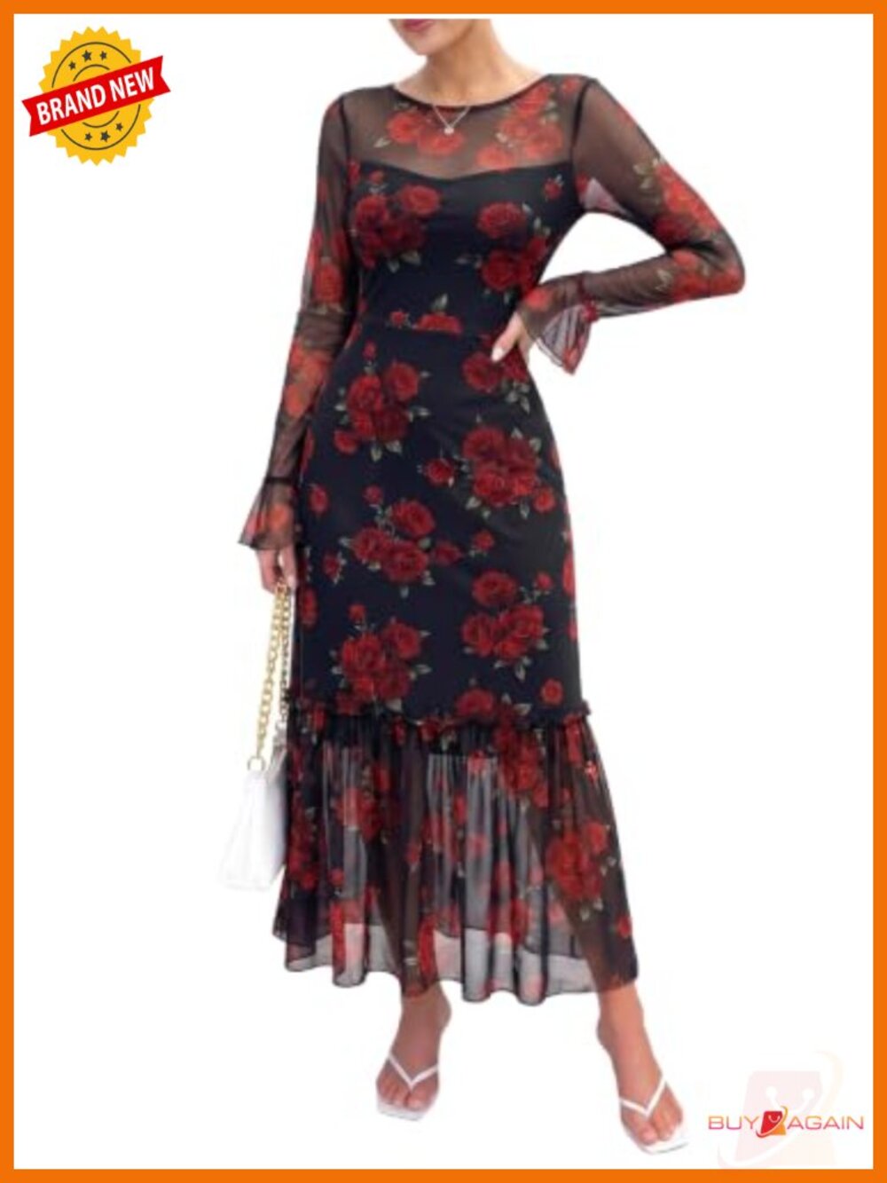Long Sleeve Mesh Maxi Dress A-Line Formal Wedding Guest